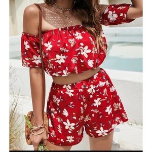 Off the shoulder floral print set - top and bottom